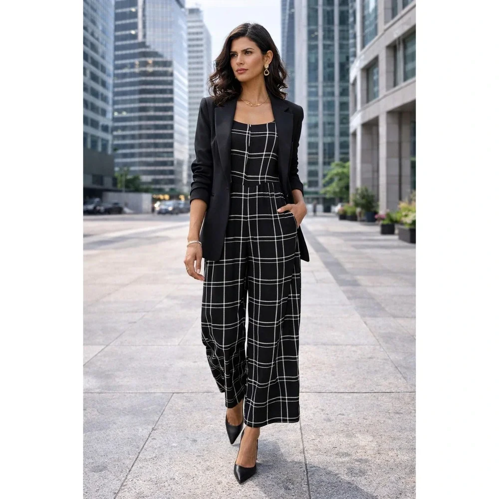 Jolie & Joy Black‎ White Windowpane Plaid Wide Leg Jumpsuit Spaghetti Strap L